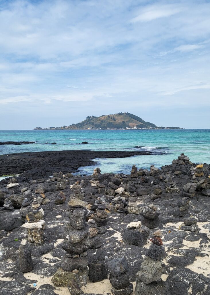 Hyeopjae Beach with stone towers