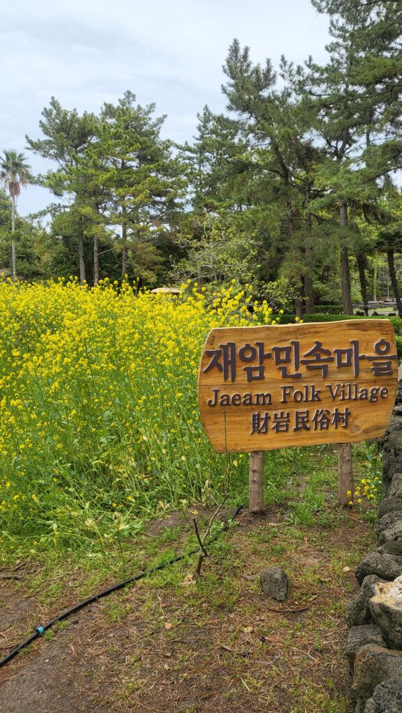 Folk Village sign and canola flowers