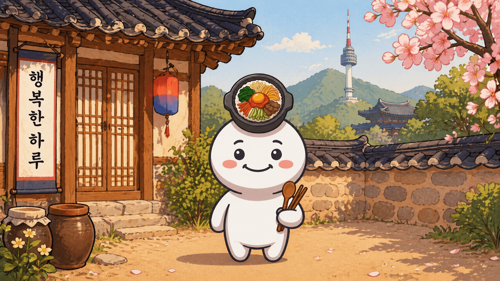 My character Bibi is enjoying the background of Namsan and Hanok