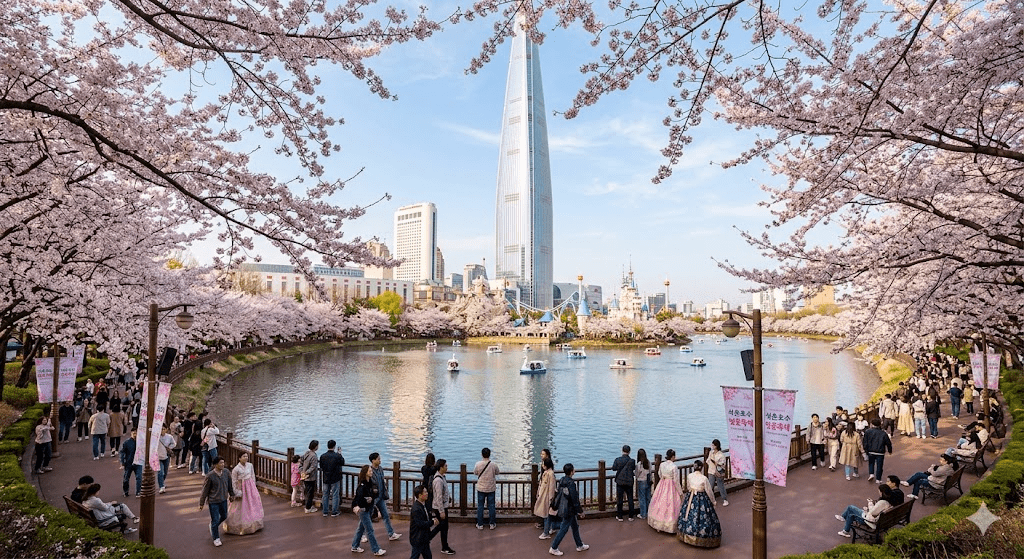 Photos of cherry blossoms at Seokchon Lake in Jamsil 