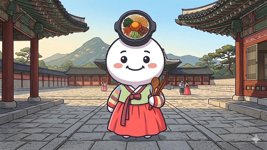 My character, Bibi, is touring the palaces of Seoul while wearing a hanbok. 