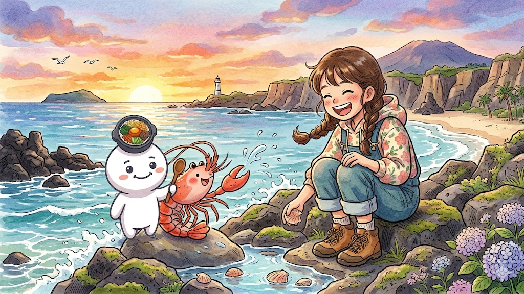 A picture of red-banded lobster and Bibi playing in the sea in Jeju Island