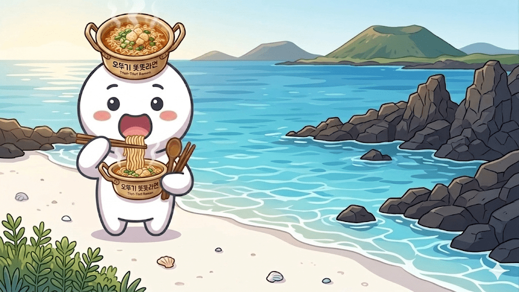 The character Bibi is wearing a ramen headband and eating Ottogi Ttottottotramen in Jeju Island