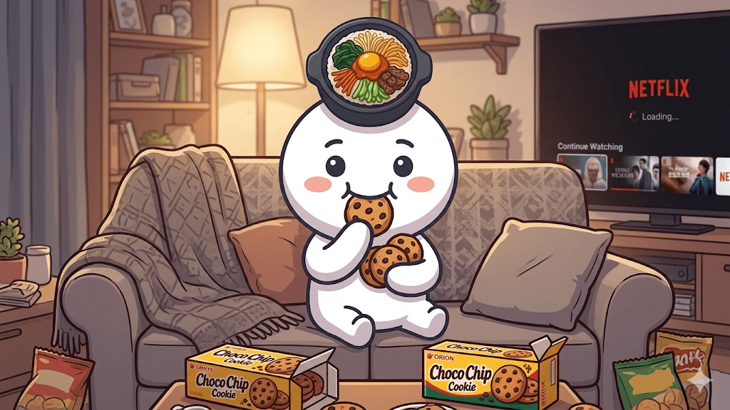 A cute white character with a bowl of bibimbap on its head, sitting on a living room sofa, watching Netflix and eating chocolate chip cookies with both hands.