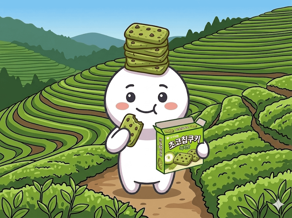My blog's signature character Bibi is eating the Orion chocolate chip cookie matcha taste in the Boseong green tea field