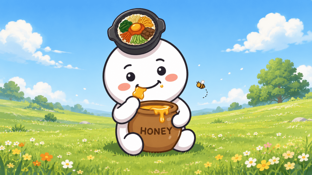 My character Bibi is happy as she eats honey while holding a honey jar in her arms in a green field