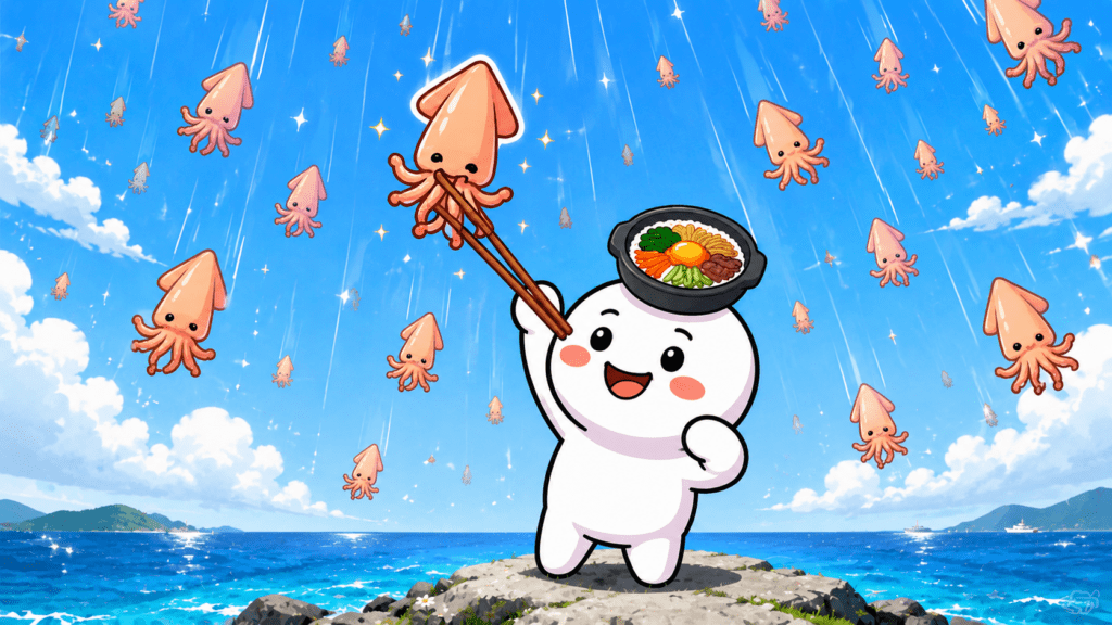 My character Bibi is trying to catch squid falling from the sky with chopsticks. The background is the sea
